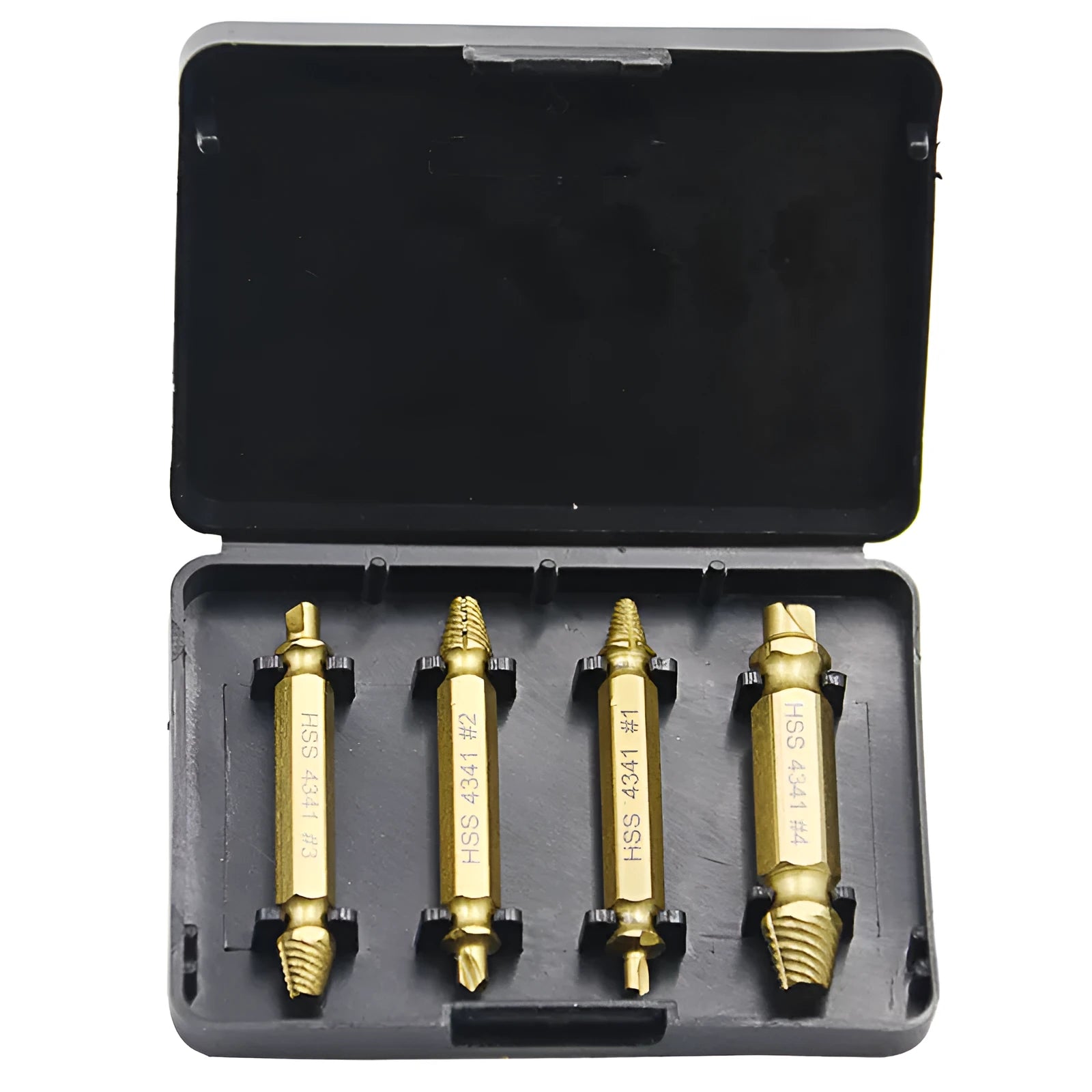 Set of five 4341 high-speed steel screw extractor tools for removing damaged bolts