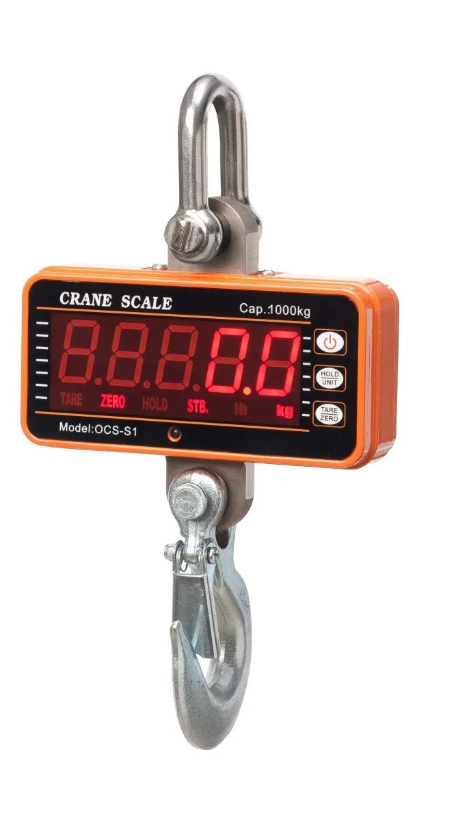 Orange electronic crane scale with digital display and hook for 500kg industrial weighing