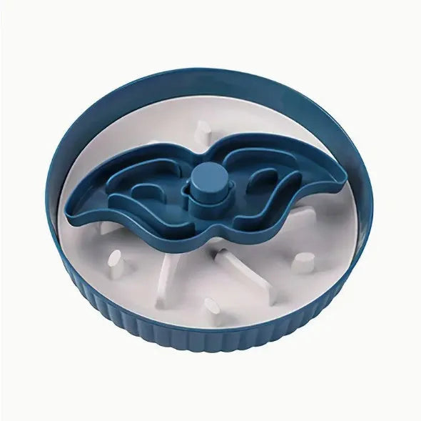 Rotating pet food bowl with silicone slow feeder mat in blue with windmill pattern design