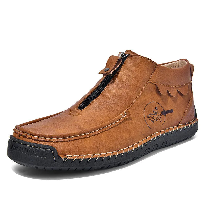 Men's black slip-on casual loafers with a round toe and rubber sole, shown from the side.