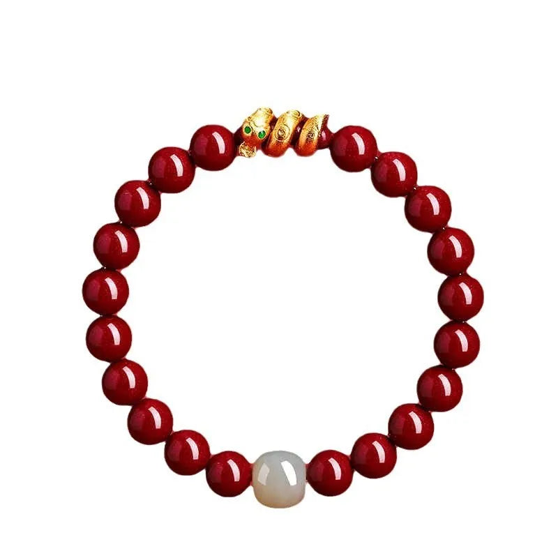 Handmade cinnabar snake year bracelet with Zodiac animal design, showing snake beads in traditional Chinese style.