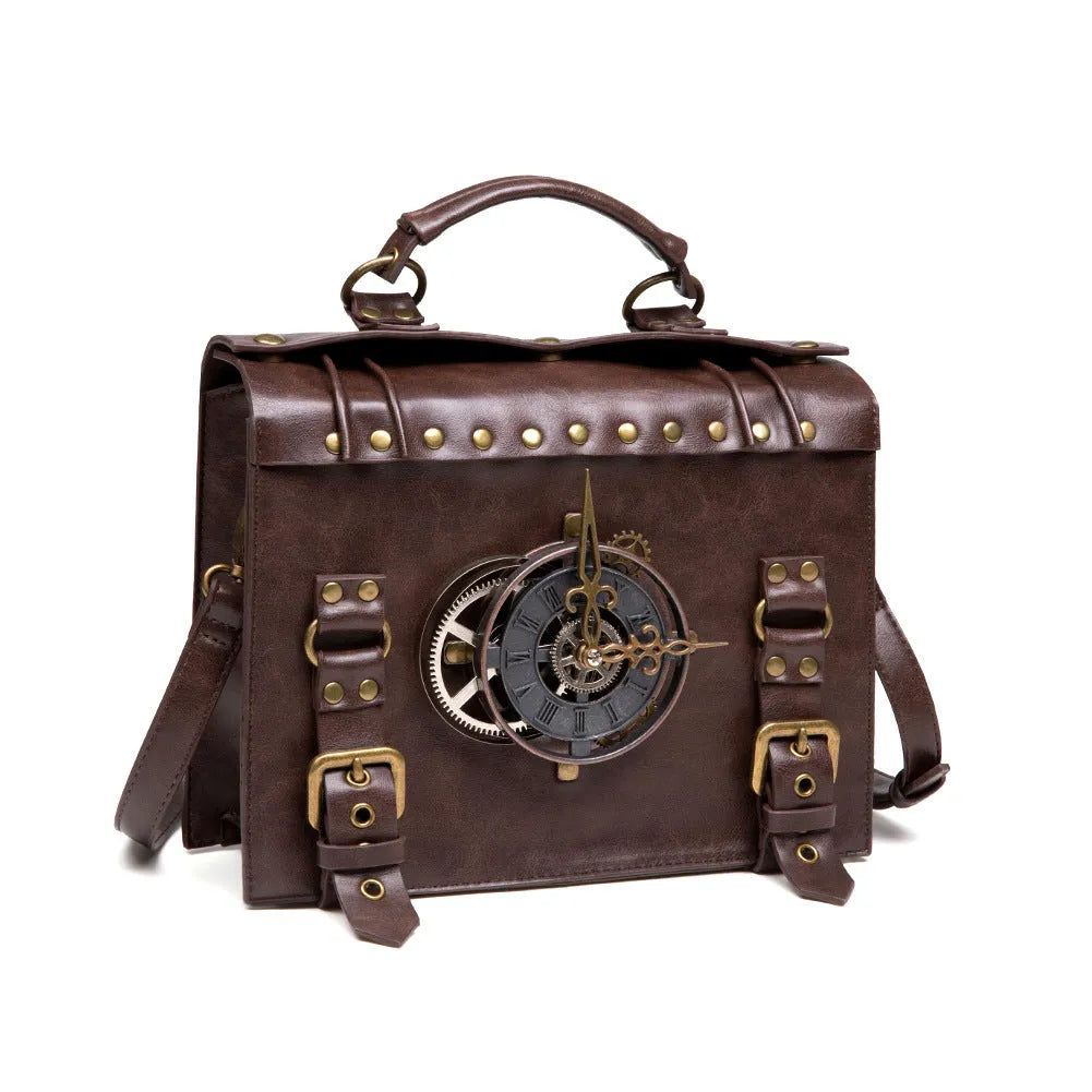 Bronze steampunk industrial retro shoulder bag with square pillow bag design and metal hardware