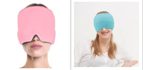 Black elastic cloth gel eye mask for headache relief measuring 22cm by 17cm