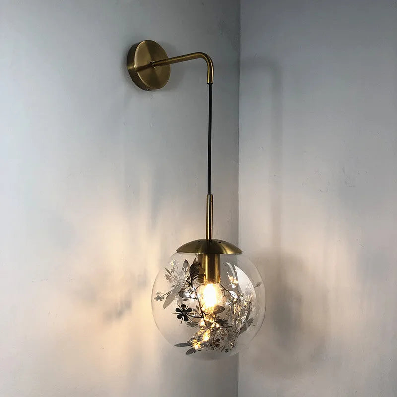 Glass bedside wall lamp in golden flower or silver flower finish, 15cm or 20cm size