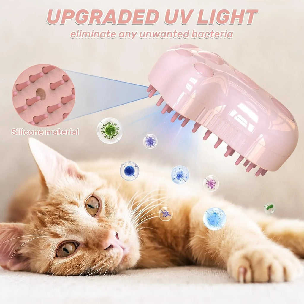 Blue self-cleaning cat steam brush with silicone head and water spray function.