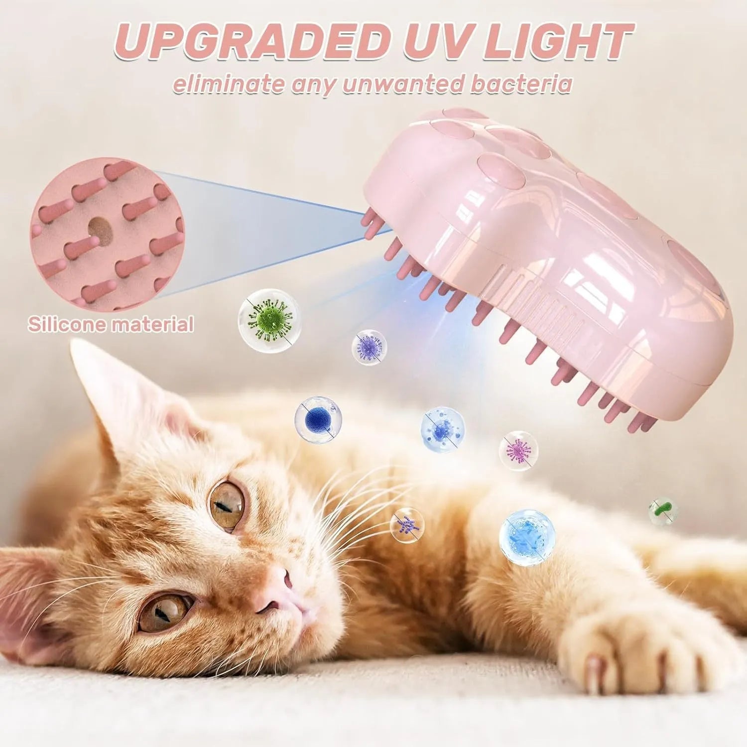 Blue self-cleaning cat steam brush with silicone head and water spray function.