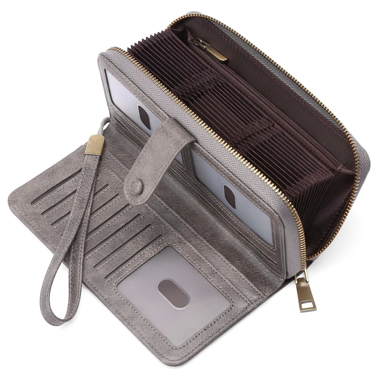 Women's long expanding card holder wallet in synthetic leather with anti-theft swiping feature