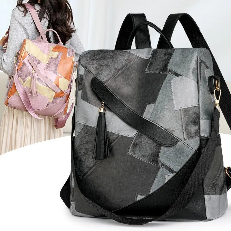 Large capacity retro patchwork PU leather tote bag with sewing line detailing, available in four colours, front view