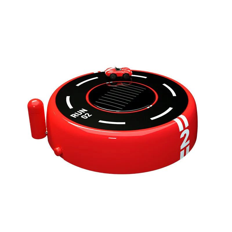 Round black solar-powered car perfume diffuser with USB port on a car dashboard.
