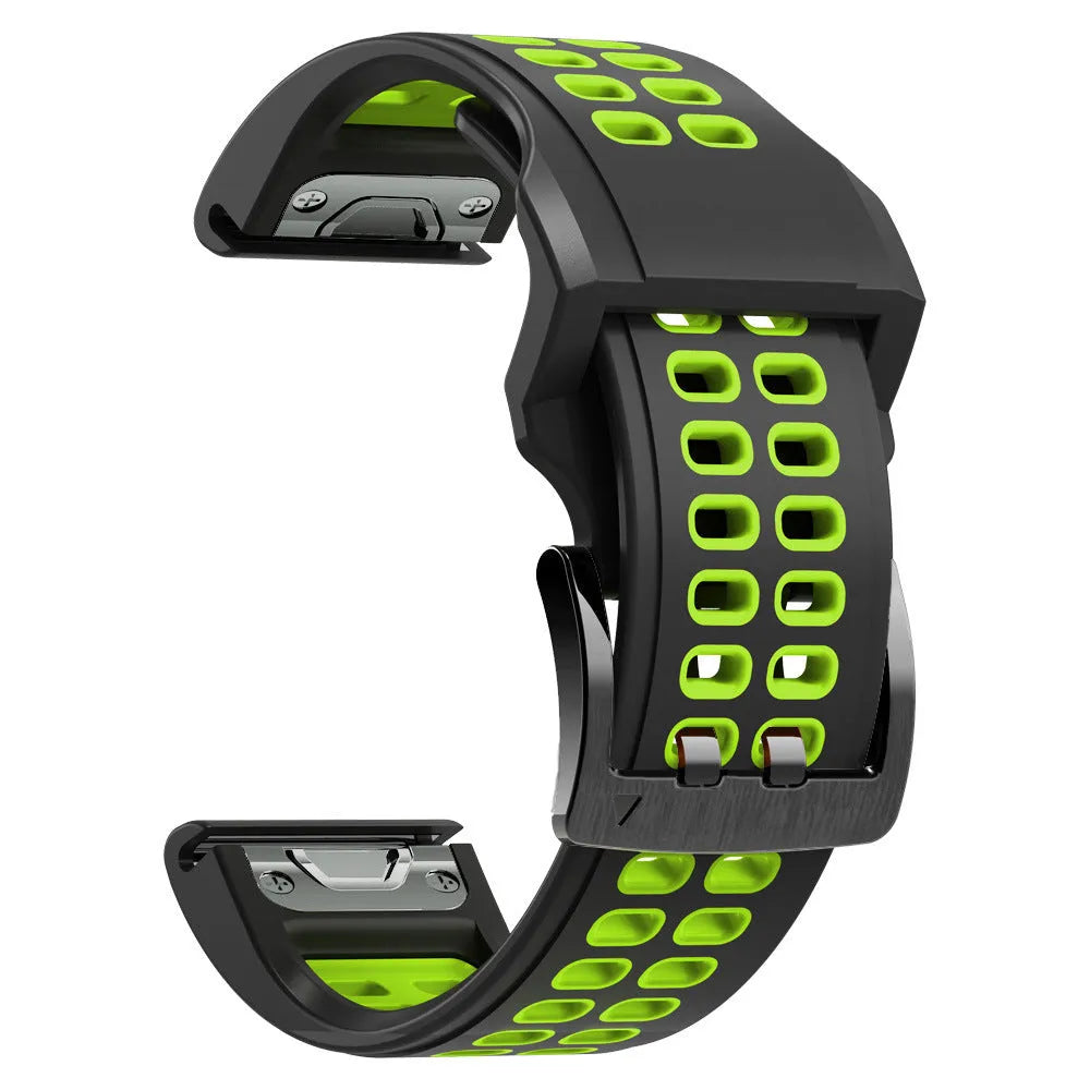 Quick release double row hole silicone watch strap in a two-tone colour on a watch.