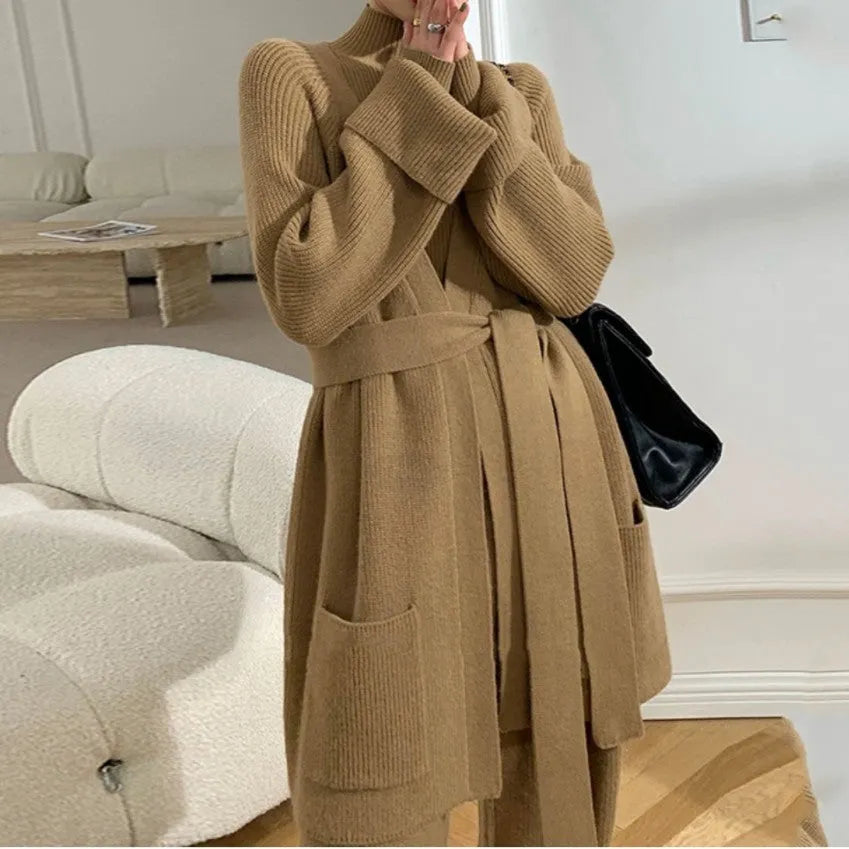 Women's knitted polyester three-piece set with cardigan, sweater, and wide-leg pants featuring leather stitching trim