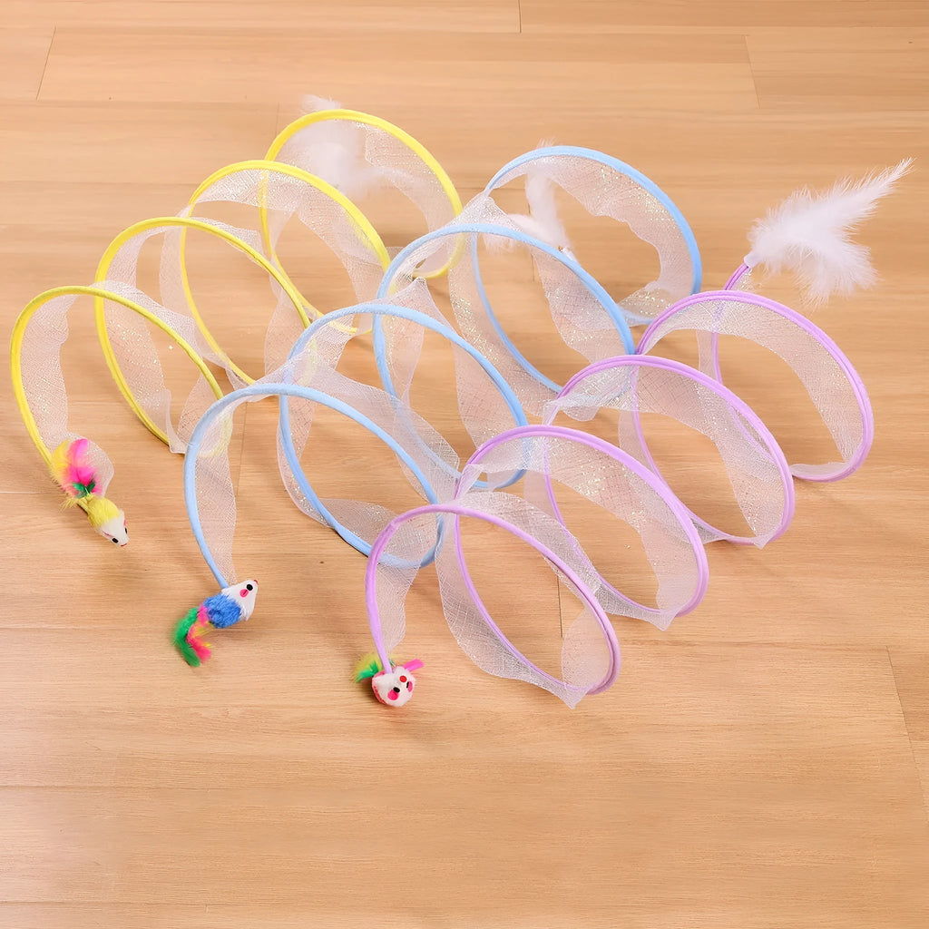 S-type collapsible cat tunnel toy with feather attachments on a steel wire and elastic net frame.