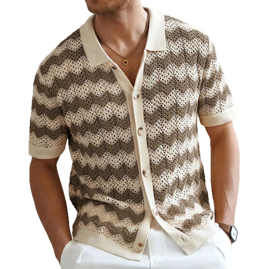 Short-sleeved blue corrugated knit sweater with a hollow jacquard texture on a hanger.