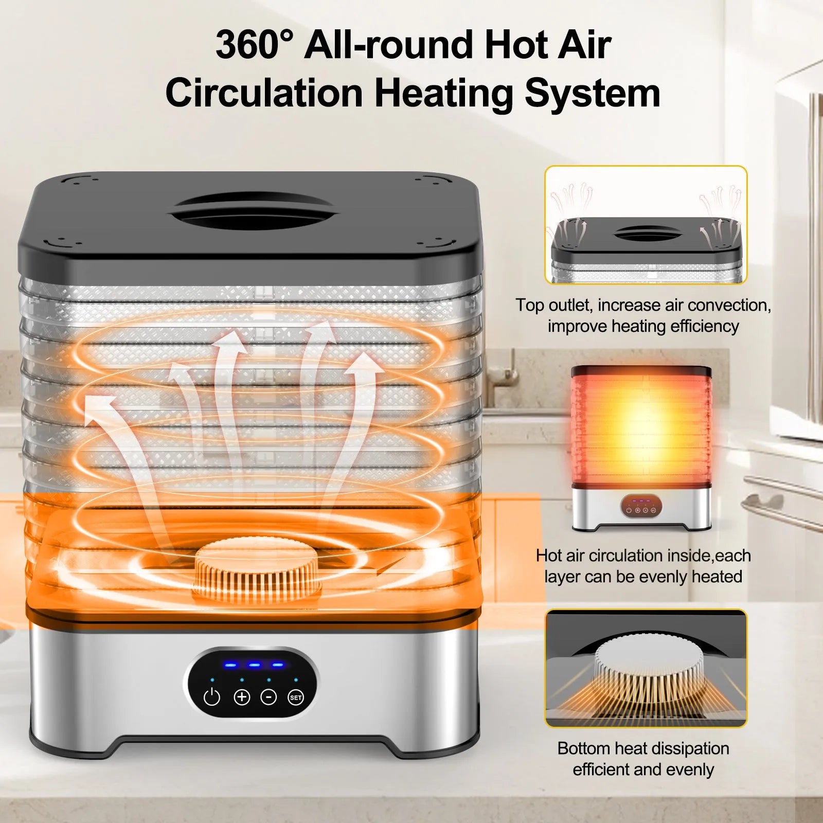 Silver household food dehydrator with 8 stacking trays, shown at full 36.5cm height.