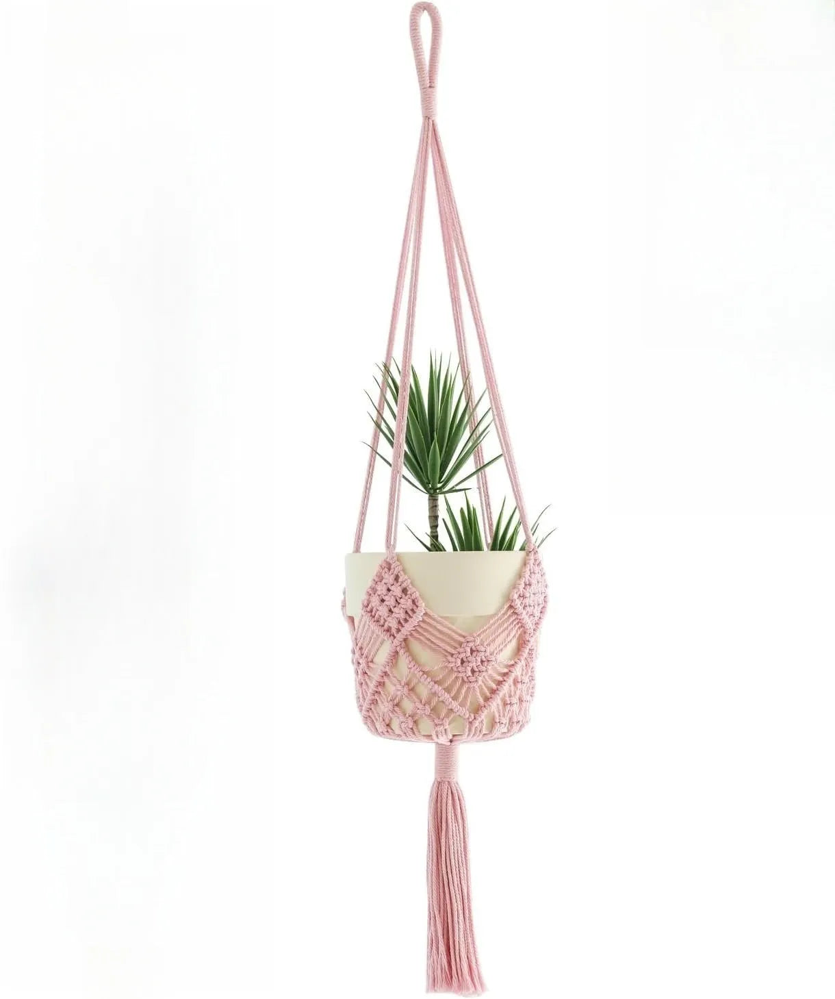 Hand-woven brown polyester cotton flower pot with net pocket extension cord for indoor plants
