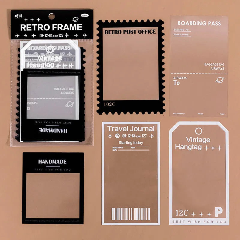 Frame Series retro decorative stickers showing photography, film, magazine, music, social, and frame designs on transparent PET paper