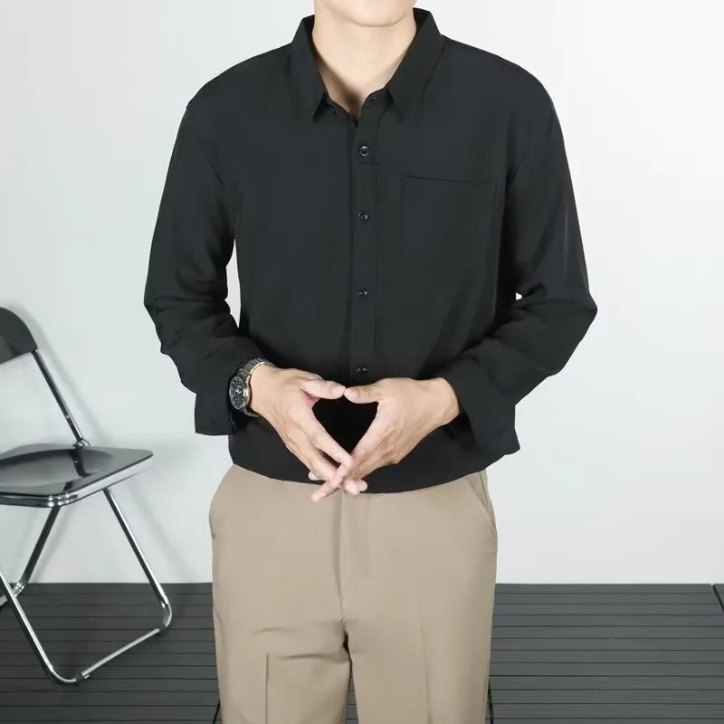Korean-style loose long-sleeved linen men's shirt in solid colour, wrinkle-free finish, front view