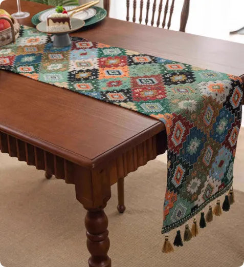 European retro style long sideboard table flag with handwoven tassels in a blue ginkgo leaf pattern
