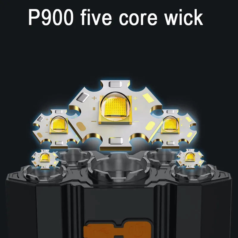Long-range 10W LED miner's headlamp with adjustable strap and charging cable on a colour box.