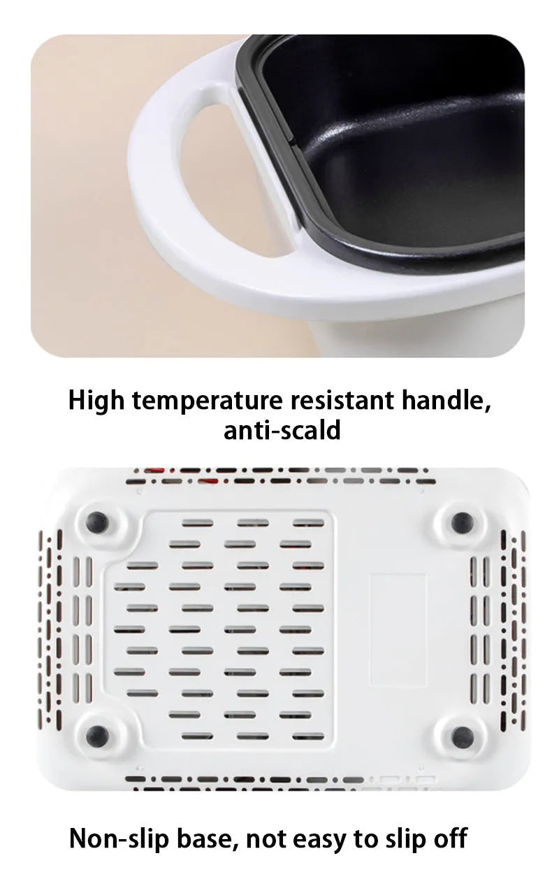 Green and white dual-function electric hot pot with frying pan showing mechanical controls and compact design