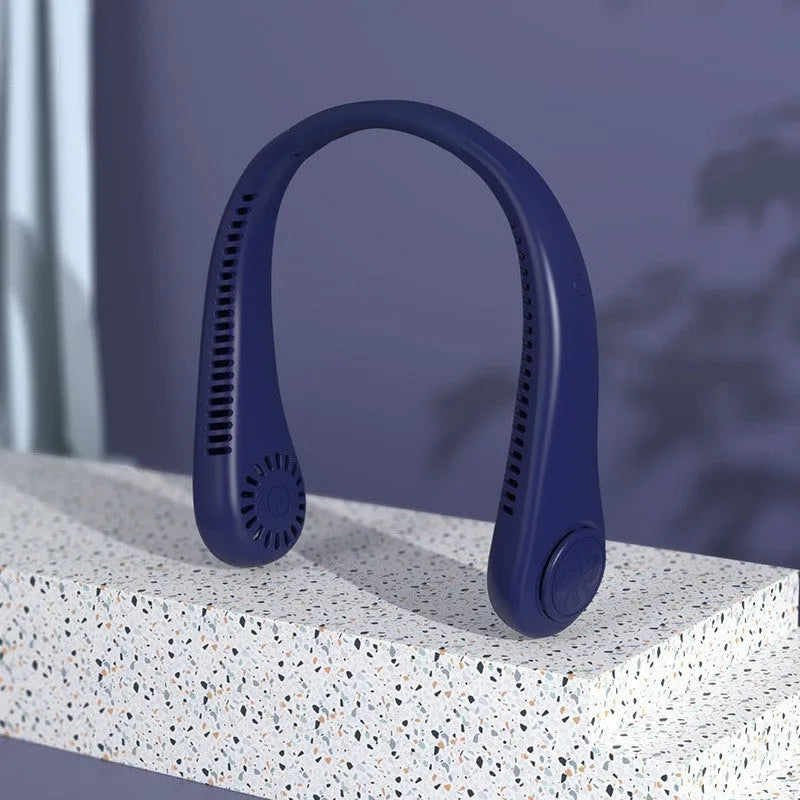 White USB rechargeable bladeless neck fan worn around a person's neck.