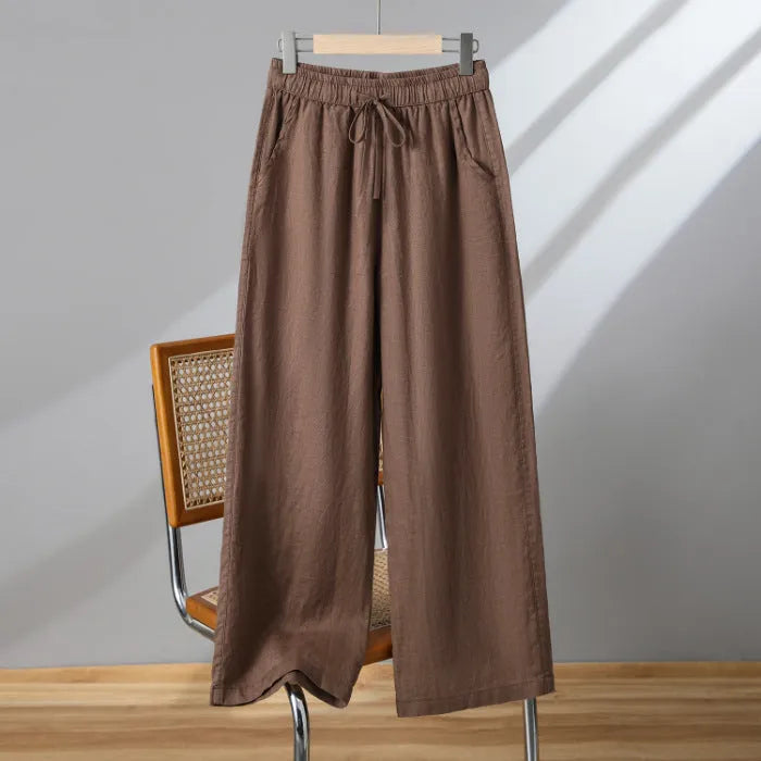 Women's straight-leg casual trousers with drawstring elastic waist in apricot, khaki, brown or black
