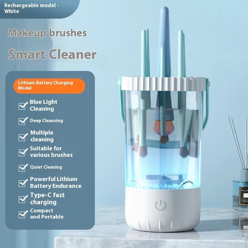 White rechargeable electric makeup brush cleaner with plastic construction and charging cable