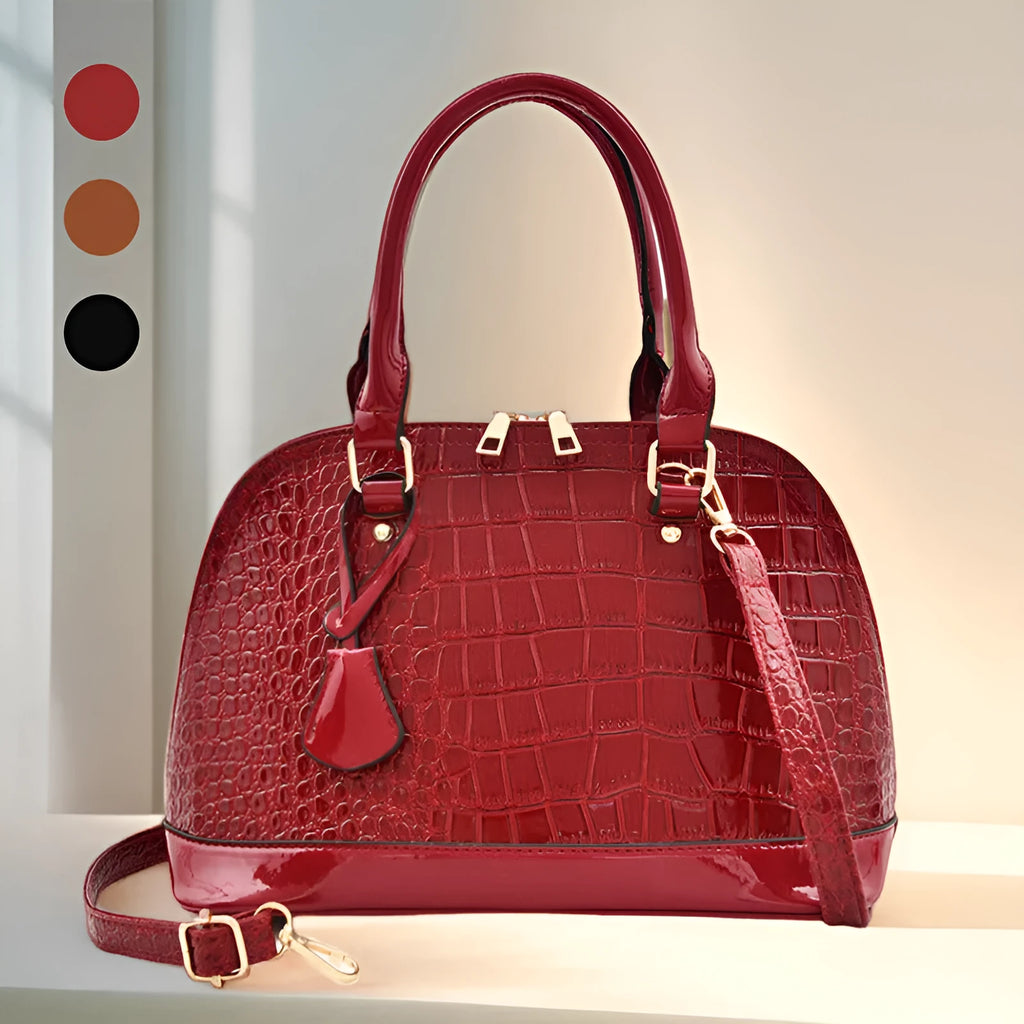 Large shiny black PU leather crossbody shoulder bag with structured shell shape