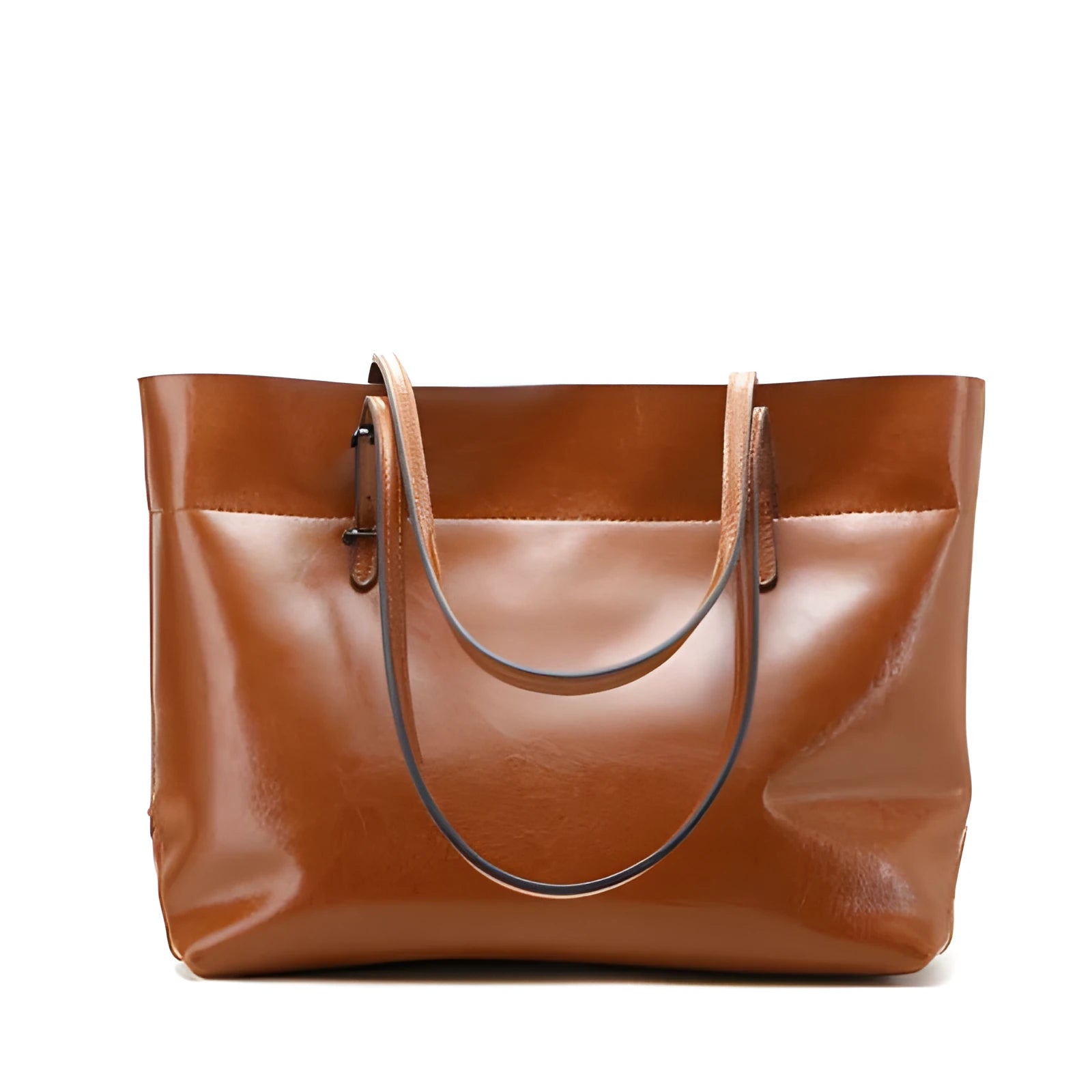 Brown wax cowhide leather handbag showing internal compartments and crossbody strap