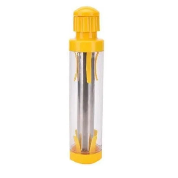 Yellow cylindrical corn stripper kitchen tool made of ABS plastic and stainless steel.