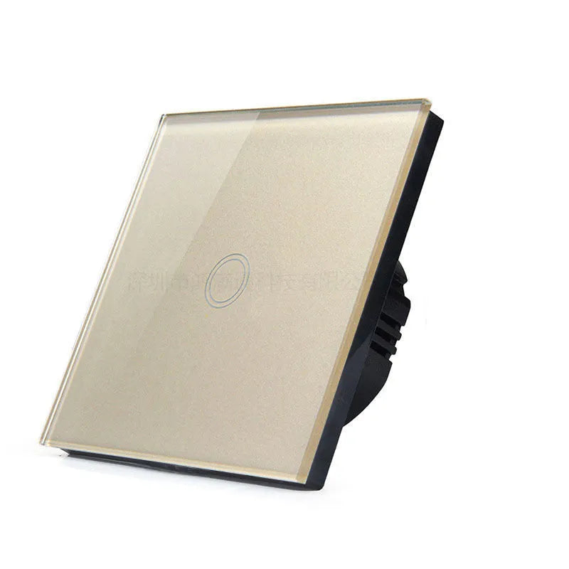 Type 86 touch-sensitive light switch with tempered glass panel in black, golden, or white.