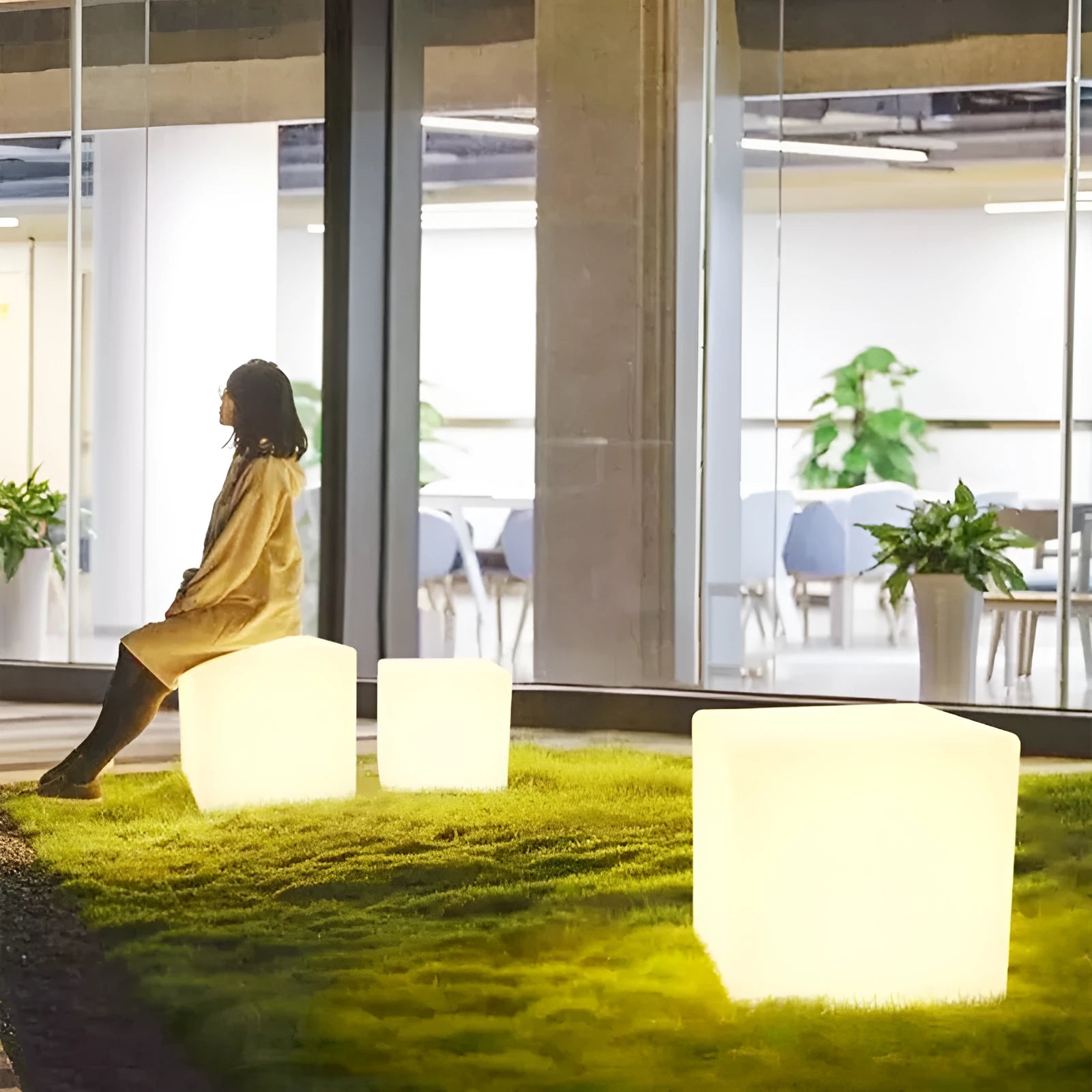 White LED cube stool light with modern design showing waterproof construction and clean geometric lines