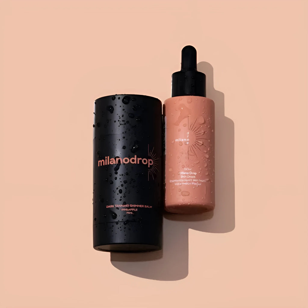 Matte sun tanning black liquid product duo showing 50ml tanning drops bottle and 75ml tanning flash cream tube