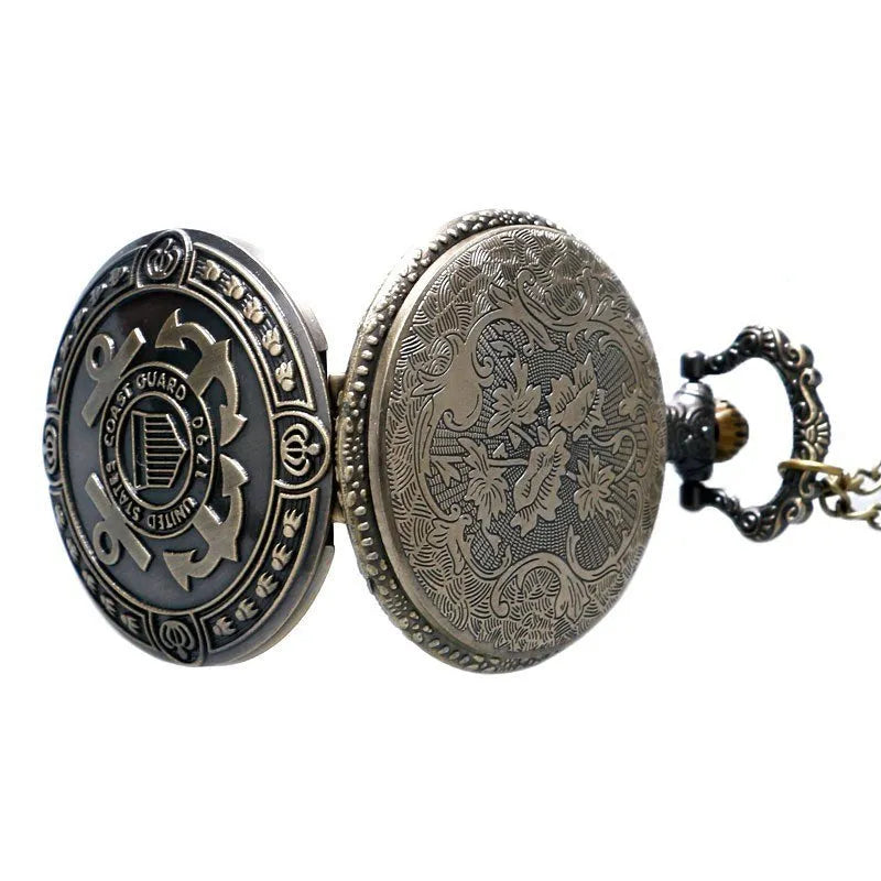 Bronze US Coast Guard 1790 pocket watch with chain, quartz movement, 4.8cm diameter