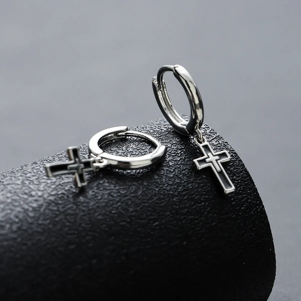 Silver plated cross retro earrings for men unisex geometric simple style