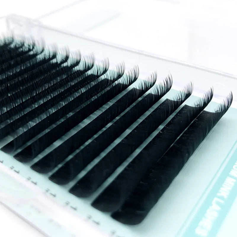 Soft velvet artificial fibre false eyelashes in various lengths from 7mm to 15mm and thicknesses 0.05CC to 0.2CC