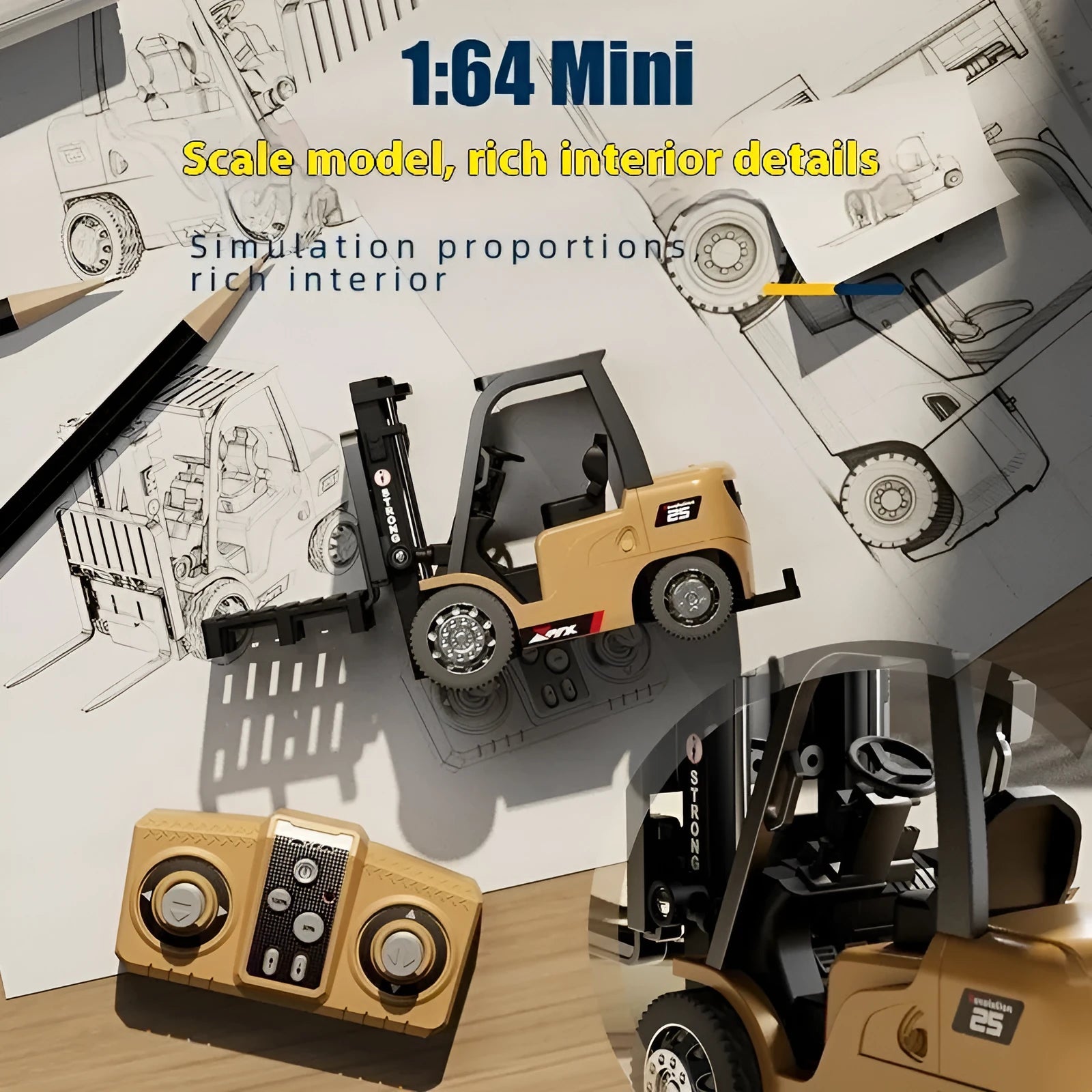 1:64 scale grey alloy remote control forklift toy with cargo hook and pallet accessories on a table