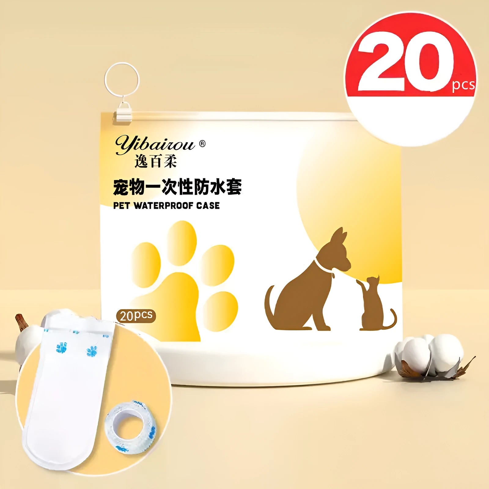 White disposable waterproof shoe covers for dogs on a pet's paw, shown in S and M sizes.