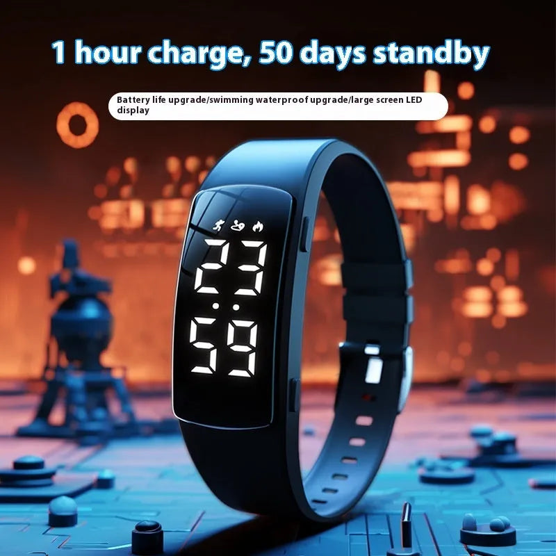 Electronic vibration alarm watch with LED display and silicone strap showing waterproof rating of 50 metres
