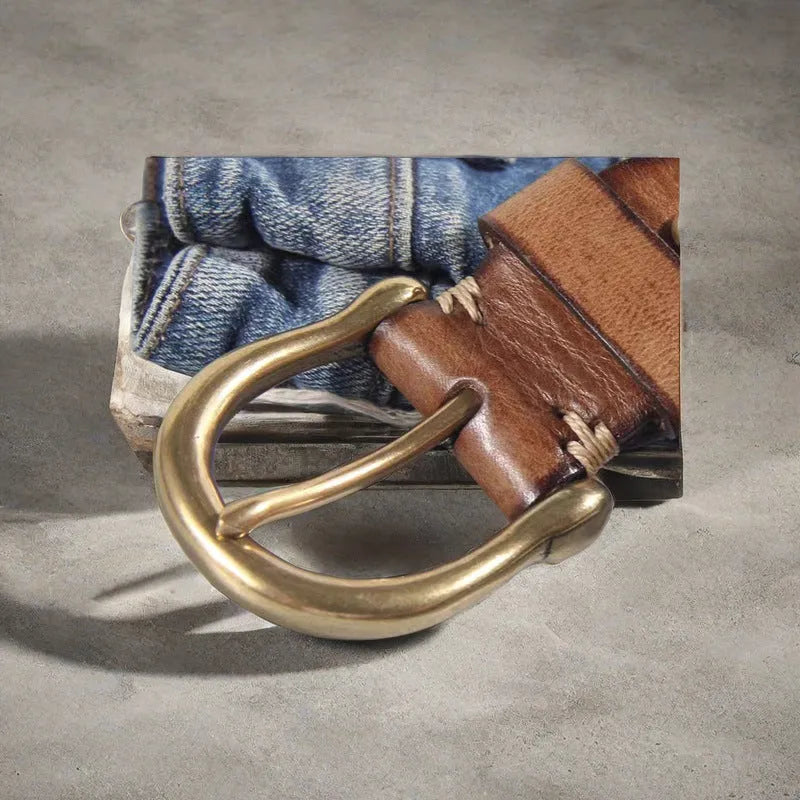 Men's leather belt with copper buckle in black, brown and khaki colours
