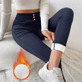 Navy blue women's high waist slim trousers with straight leg cut and micro stretch fabric