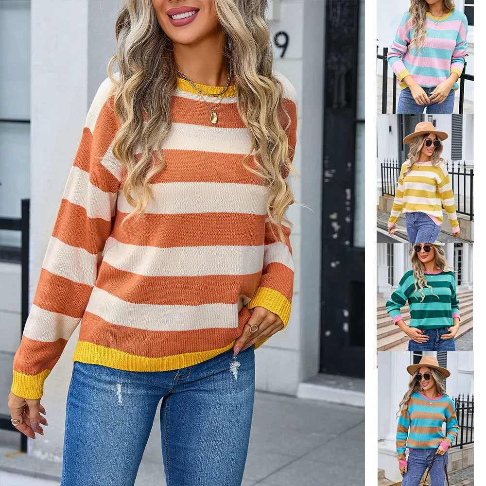 Women's loose-fit acrylic sweater with a floral striped pattern in a blue colour.