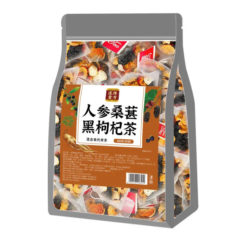 Bag of Ginseng Black Wolfberry Tea containing 40 individual 5g tea sachets, total 200g.