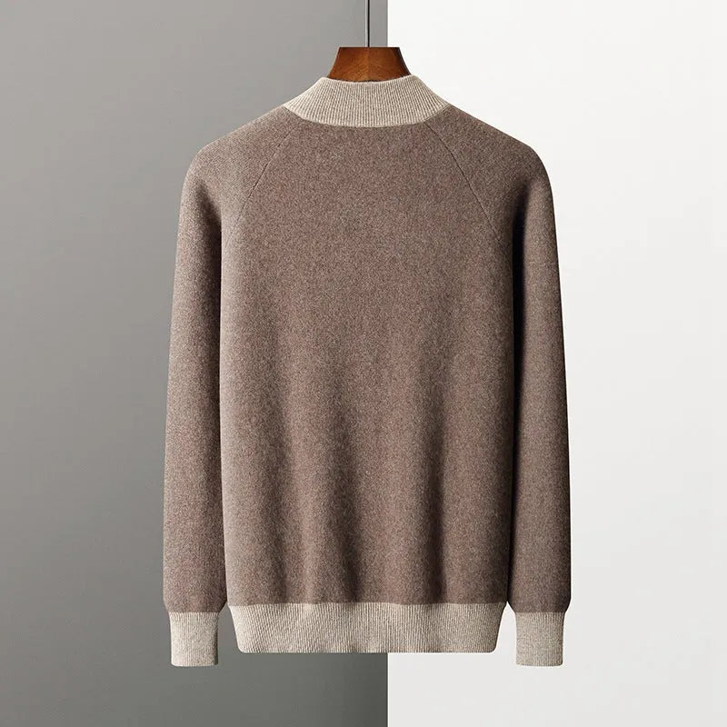 Men's camel coloured cashmere wool blend knitted cardigan suit with half turtleneck zip-up top and matching trousers