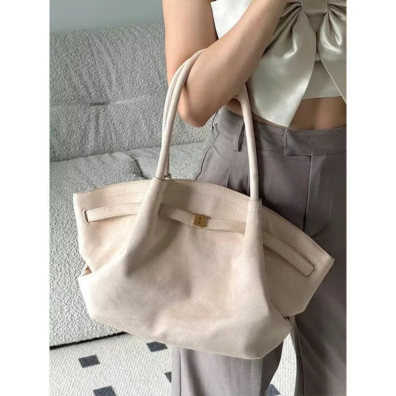 Milky white suede large capacity tote bag with double shoulder straps and zipper changing bag interior