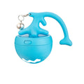 USB electric cat teasing ball with fish bone design and separate feather wand attachment in blue, pink, or yellow