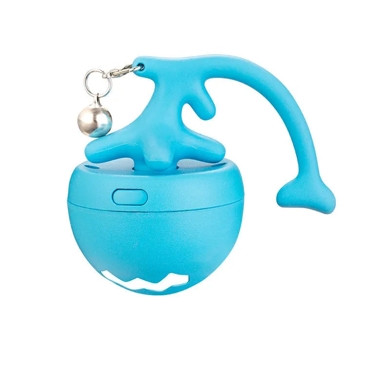 USB electric cat teasing ball with fish bone design and separate feather wand attachment in blue, pink, or yellow