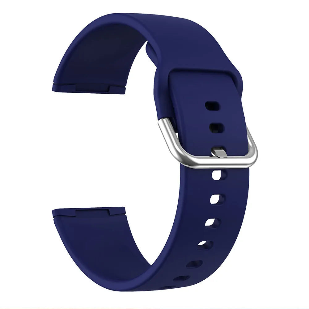 Solid colour silicone replacement strap with silver buckle for Fitbit Versa 3 and Sense 2 fitness trackers.