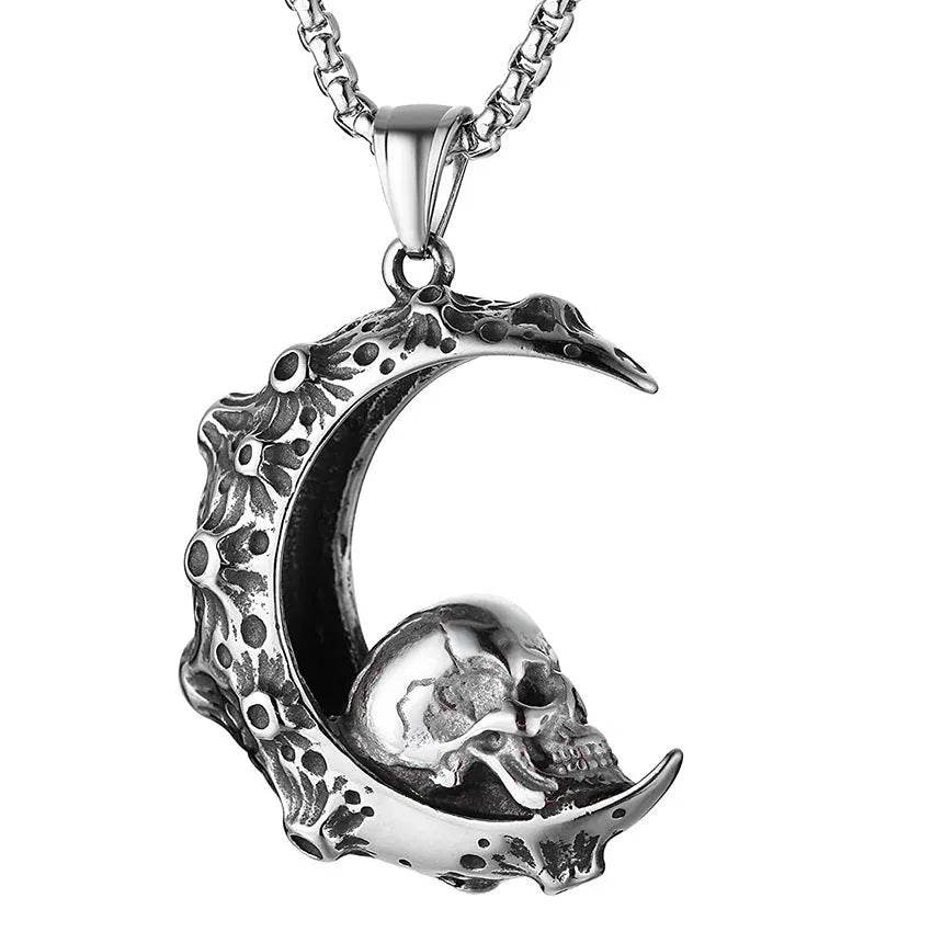 Men's silver stainless steel necklace with alloy skull pendant and matching chain