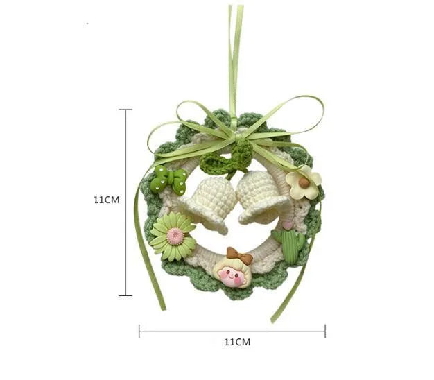 Woven wool bell orchid car pendant in green, pink, purple, and yellow colour options with dream catcher variations